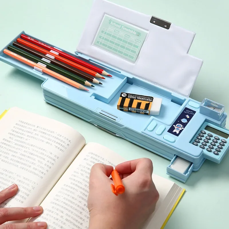 Plastic Pencil Case for Elementary School Students Double-sided Opening Calculator