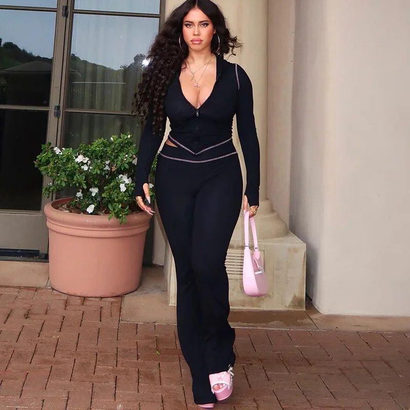 Fashion Printed 2 Piece-Set Women Hoodie Slim Cropped Top And High Waist Trousers Outfits Contrast Women's Pants Sets