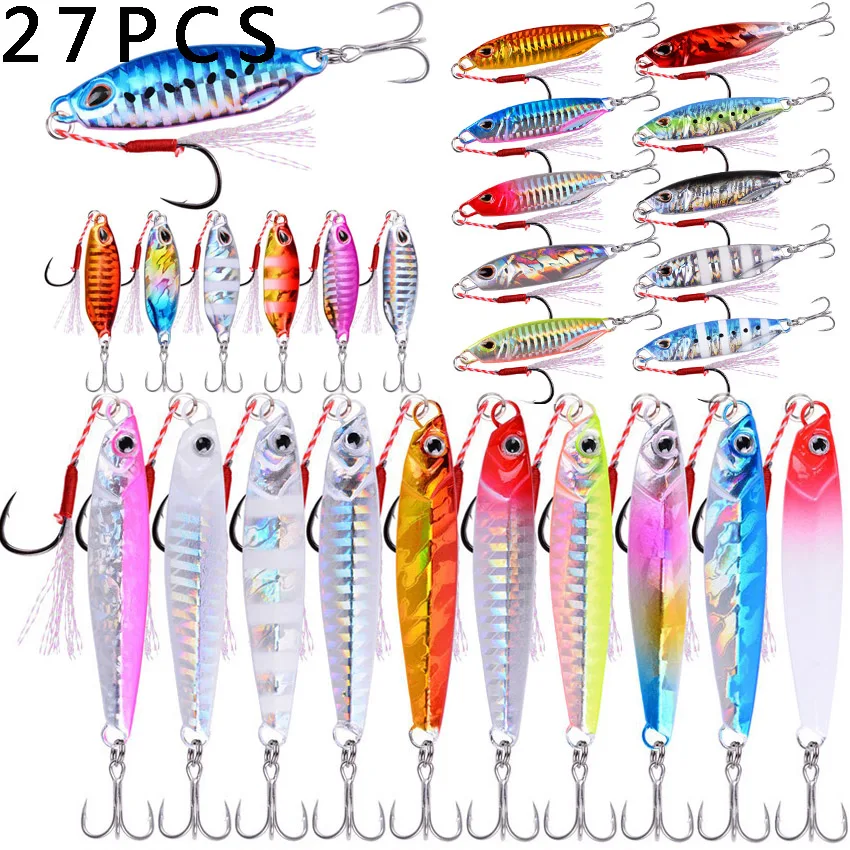 

27PC Metal Cast Jig Spoon Set 20g 30g 40g 50g Shore Casting Jigging Fish Sea Bass Saltwater Fishing Lure Artificial Bait Tackle