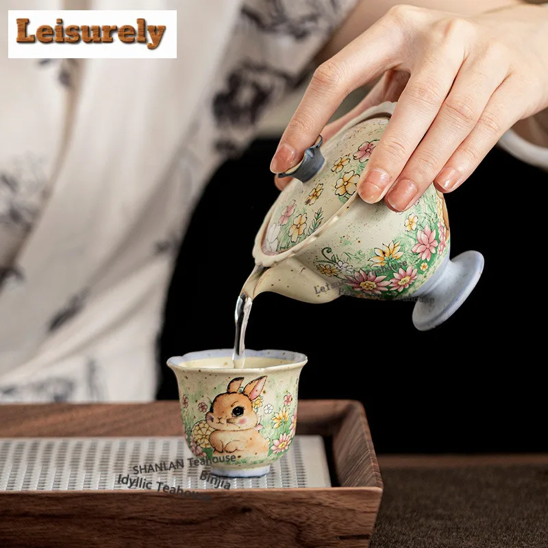 125ml Caramel Glaze Flower-picking High-handle Handheld Teapot Vintage Tea Infuser Pot Tea Brewing Kettle With Strainer Tea Item