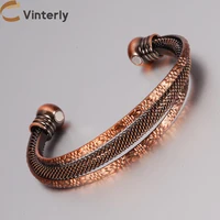 Vinterly Pure Copper Bracelets Female Magnetic Vintage Flower Adjustable Cuff High Magnets Bangle Soft Metal Women Gifts Jewelry 1
