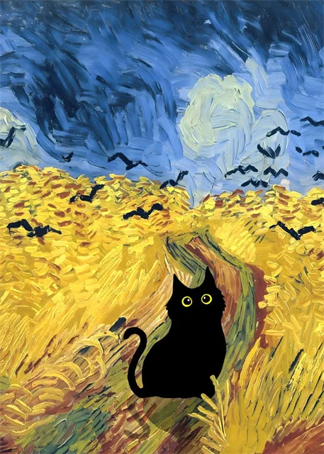 Van Gogh & Monet Inspired Cat Canvas: Starry Night and Sunflowers Wall Art