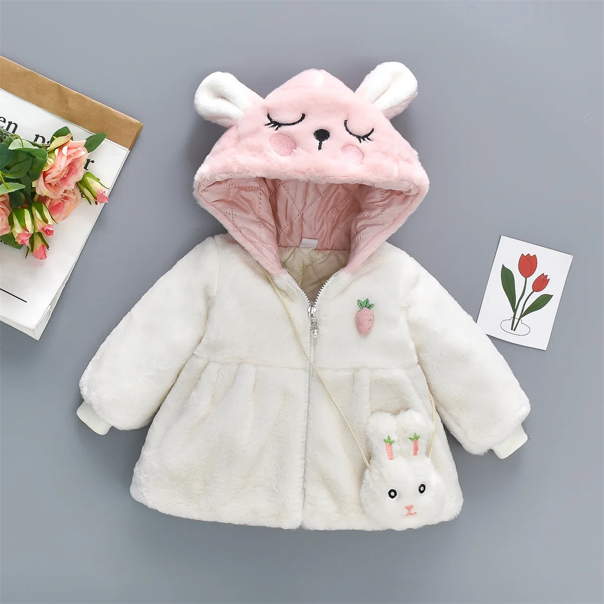 Winter Artificial Fur And Cotton Girls' Coat 2-Piece Set Of Children'S Cartoon Hooded Zipper Filled Cotton Coat+Rabbit Bag