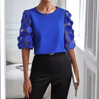 Été et automne à la mode couleur unie dentelle à manches longues col rond hauts chemisier chemise pour les femmes 4