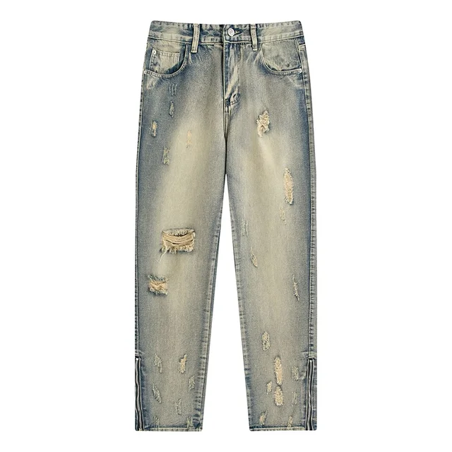Men's Ripped Jeans Flared Zip Flood Blue Vintage Korean Streetwear ...