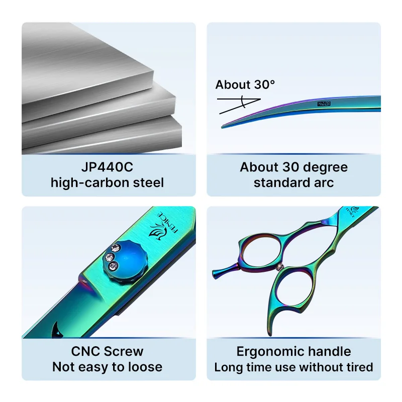 Fenice Professional 7.0/7.5 inch JP440C Green Pet Grooming Scissors Shears Cutting&Curved&Thinner Set Kit for Dog Trimming Tools dog grooming scissors,dog grooming scissors kit