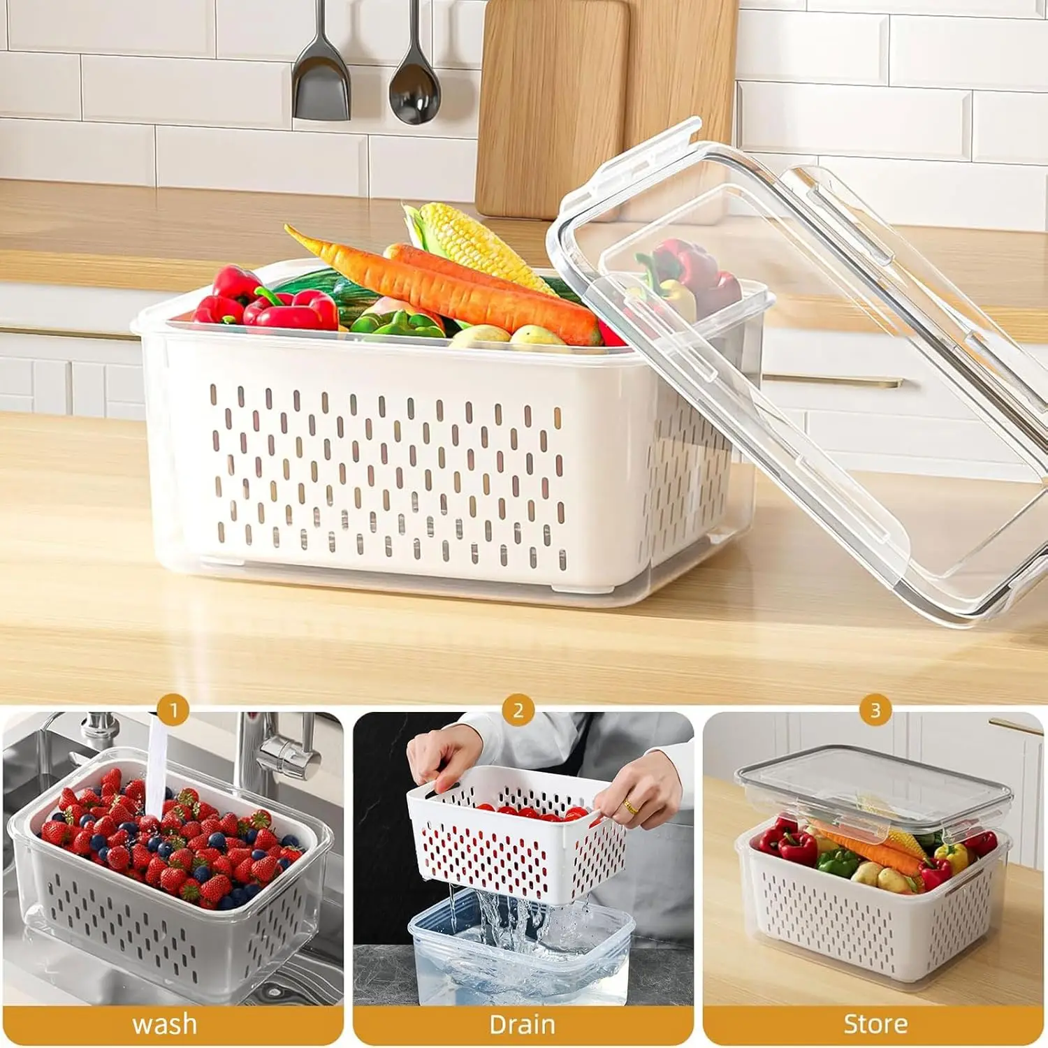 Fridge Food Storage Container Set with Lids with Strainer,Plastic Fresh Produce Saver Vegetable Fruit Meat Organizer 3