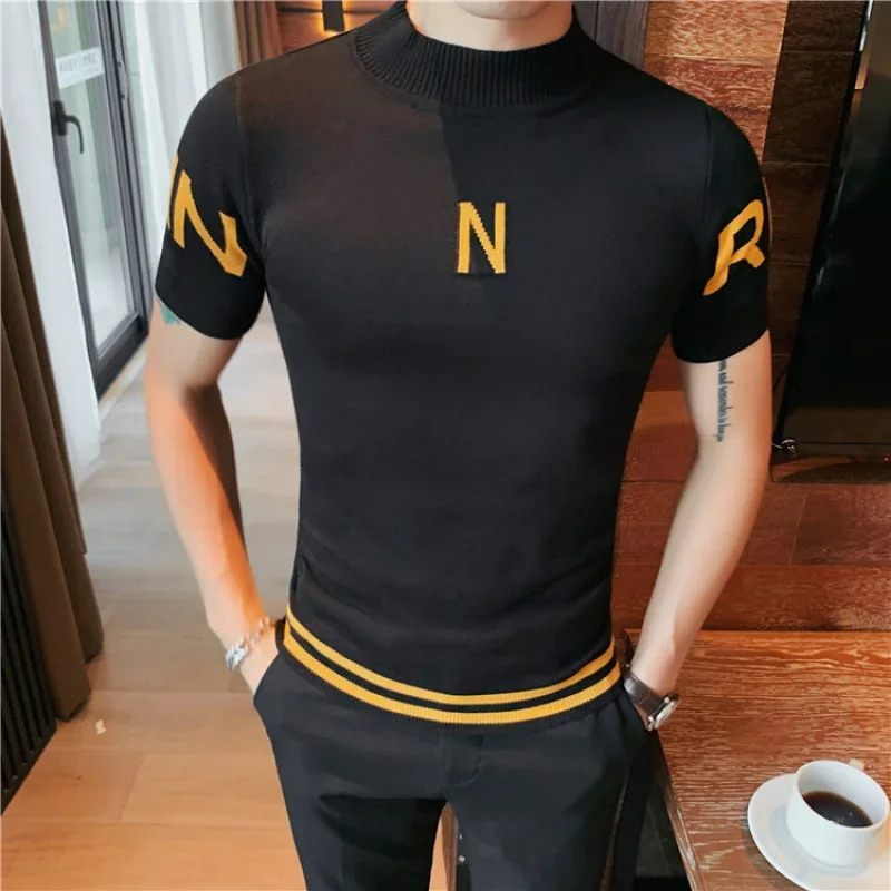 

Мужской свитер с коротким рукавом и буквенным принтом, УТЕПЛЕННЫЙ ТОП с высоким воротником, мужской свитер с длинным низом, Модная вязаная Мужская футболка