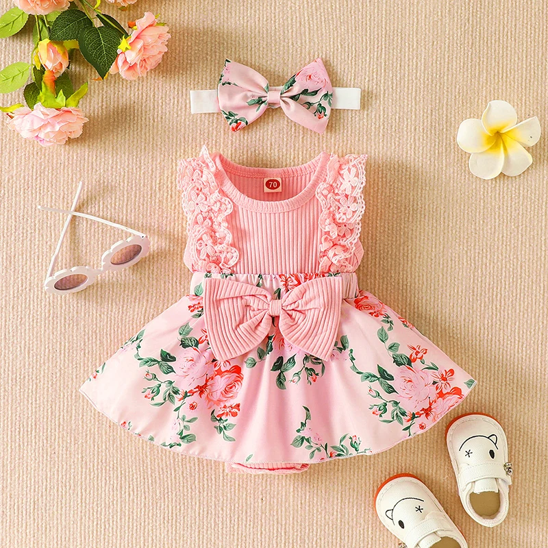 2pcs Infant Baby Girls Romper Dress Patchwork Flower Print Lace Sleeveless/Long Sleeve Crew Neck Front Bowknot Jumpsuit Headband girls dress baby jumpsuit baby girl dress