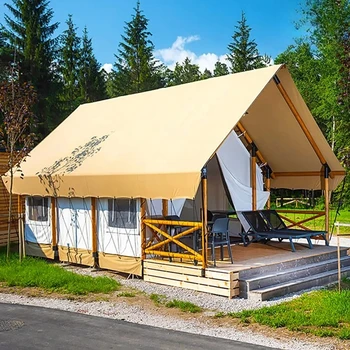 Outdoor Tourist Project Luxury Waterproof Log Cabin Safari Tent Camping  With Bathroom