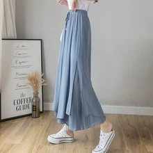 

Casual Women's Bottoms 2022 Simple Summer Vacation Chiffon Wide Leg Pants High Waist Bandage Pleated Ninth Pants Female Clothes