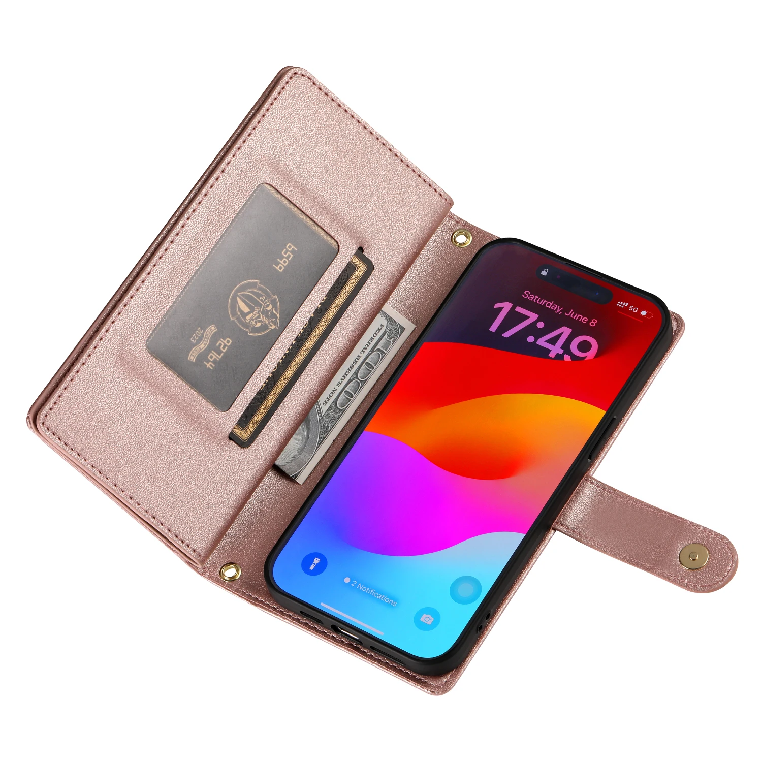 Étui portefeuille en cuir à fermeture éclair pour iPhone 15 Pro Max 16 14 Plus 13 12 11 SE4 XS MAX avec lanière et poche pour cartes_voghion.com