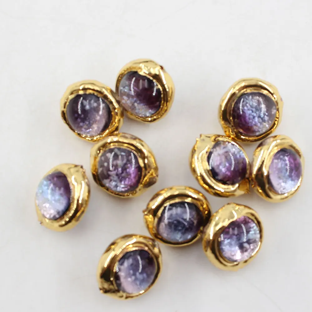 10Pcs 16MM Purple Moss Glass Coloured Glaze Loose Beads Gold Plated Connector Beads For Necklace Pendant Jewelry DIY