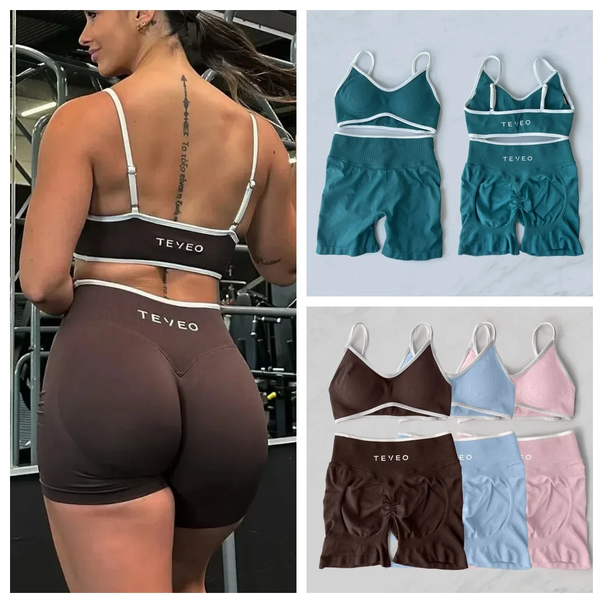 TEVEO مقاعد يوجا النساء 2 قطعة سلس تأثير الصالة الرياضية مجموعة سراويل اللياقة البدنية اللياقة البدنية الدراجات مطاطا الرياضة تجريب الملابس الصدرية بالجملة