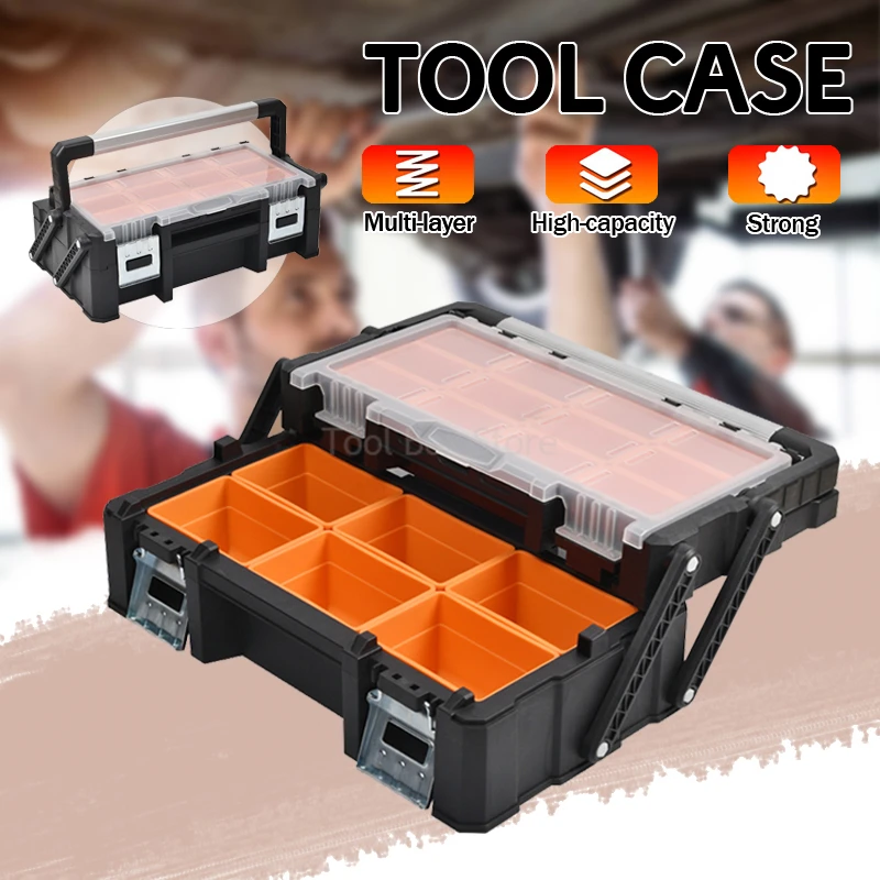 Tool Storage Box Parts Storage Box Plastic Tool Box Storage Organizer Box Parts Organizer Portable Tool Box Parts Toolbox Hardware Tool Storage Box Large 2-Layer Folding Hard Case Screws Organizer Empty Case