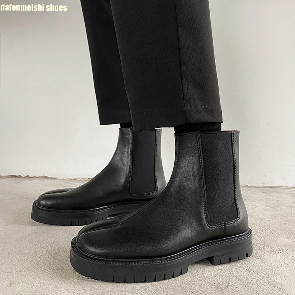 

2024 New Black Genuine Leather Tabi Shoes Boots Elastic Opening Slip On Fashion Ankle Boots Platform Autumn Winter Chelsea Boots