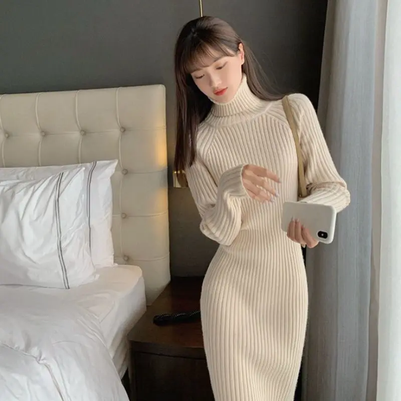 

For Women 2023 Winter Dresses Turtleneck Slim Fit Knitted Dress Casual Elegant Basic Solid Female Long Sweater Dresses V3