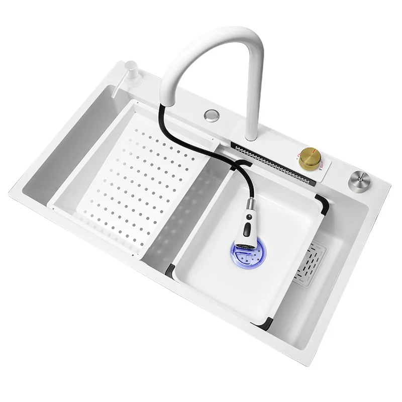 อ่างล้างจานสแตนเลส 304 แบบน้ำตก อ่างล้างผักในครัว อ่างเดี่ยวขนาดใหญ่ สีขาว แบบมีรูระบายอากาศ สำหรับล้างจาน ใต้เคาน์เตอร์ พร้อมไฟ 1