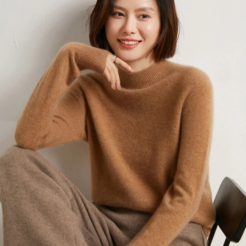 100% Merino Wool Sweater Women\'s Half High Neck Pullover Loose Knit Bottoming Shirt Autumn Winter Long Sleeves Soft Cashmere Top