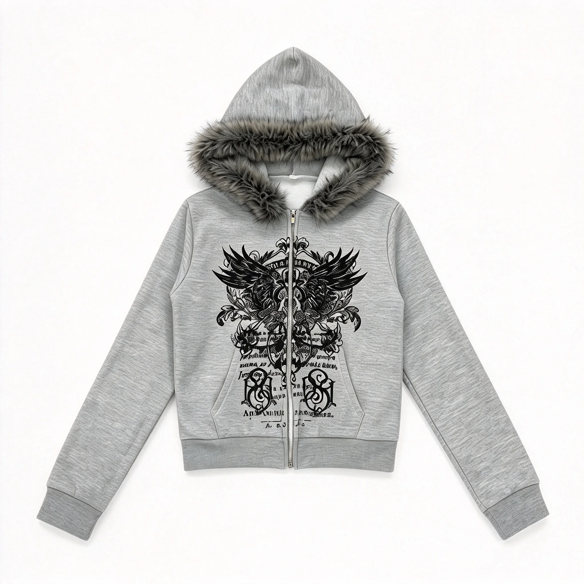 Y2K Women's Hoodie with Fur Trim Zip up Wing Graphic Print Full Zipper Pocket Hooded Sweatshirt Gothic Streetwear for Autumn Win