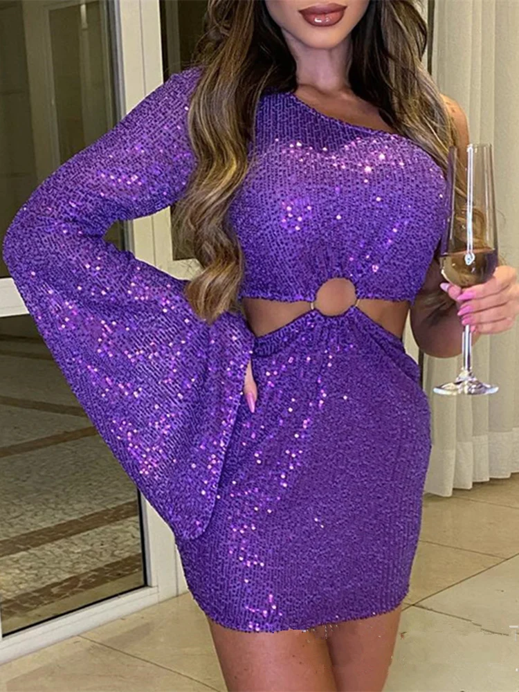 

Women Sexy Sequins Hollow Out Evening Dress Fashion Casual Long Flare Sleeve One Shoulder Corset Party Dress