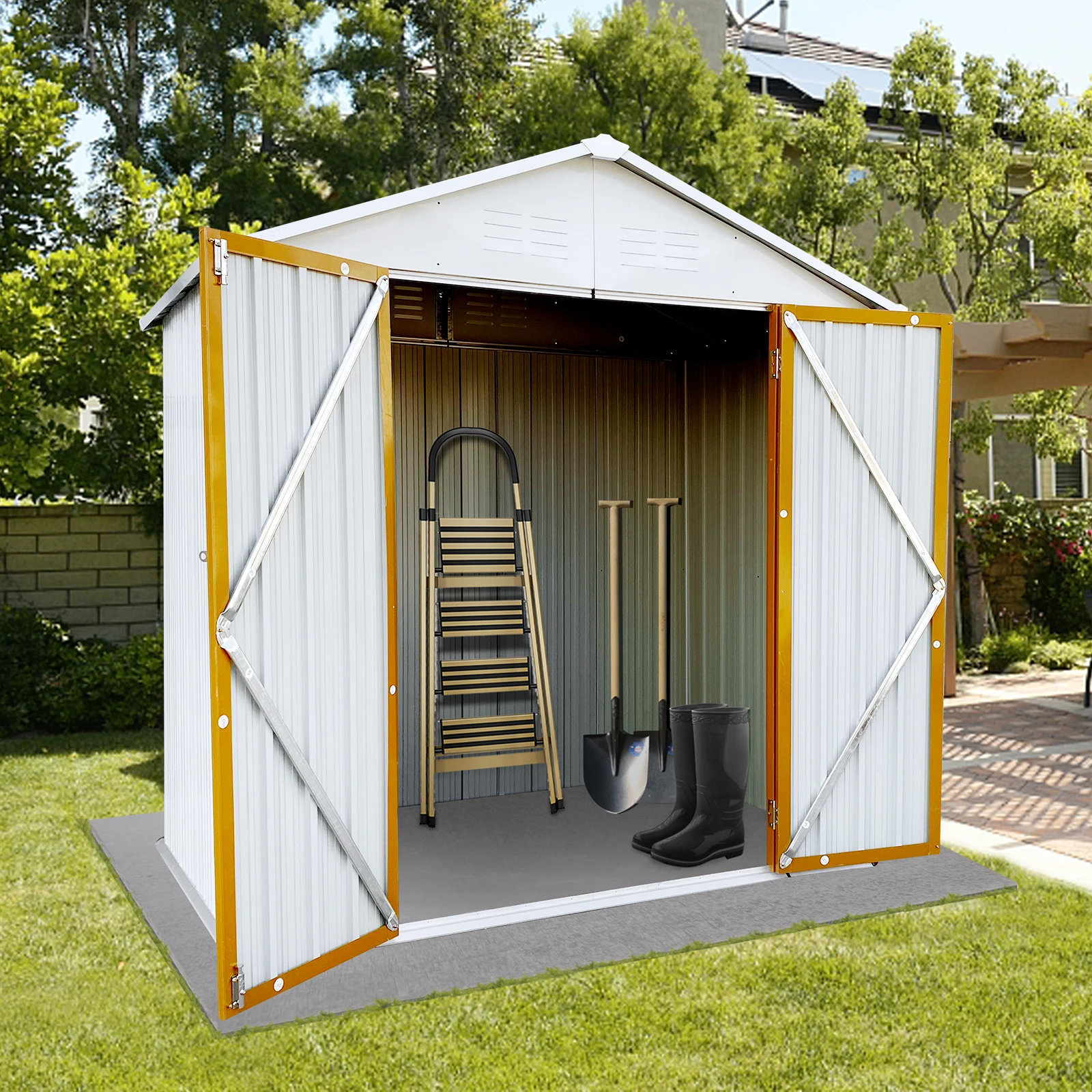 

Outdoor Storage Sheds 4FTx6FT Apex Roof White+Yellow for Garden Backyard Lawn, Large Patio House Building with Lockable Door