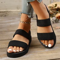 Sandales plates élastiques pour femmes, tissage d'herbe simulée, chaussures de plage légères décontractées, classiques noires 5