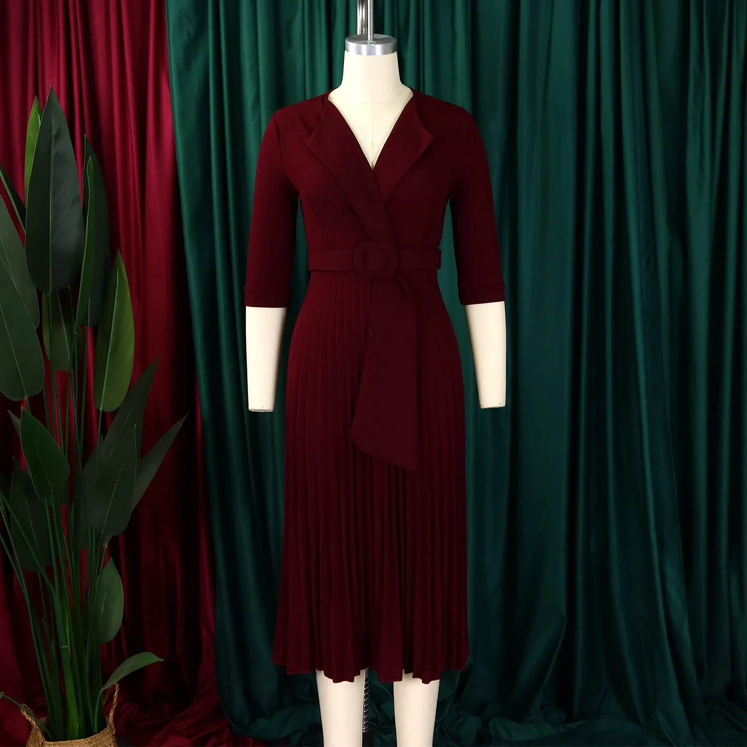 XIOCEAN Elegant Office Dresses Pleated for Woman Notched Collar Half Sleeve Belt Waisted Mid Calf Afircan Business New Robe