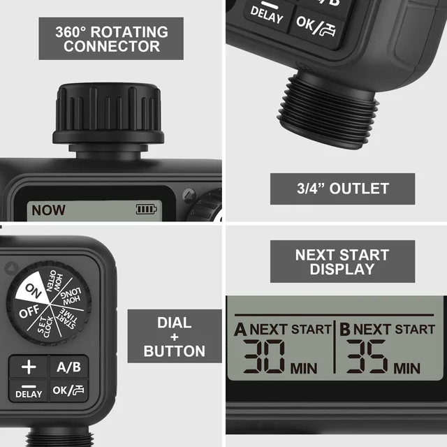 Water Timering Newest 2-Outlet Digital Water Timer A/B-Zone Independent Programer Control Adjustable Sprinker Easy Installation 5