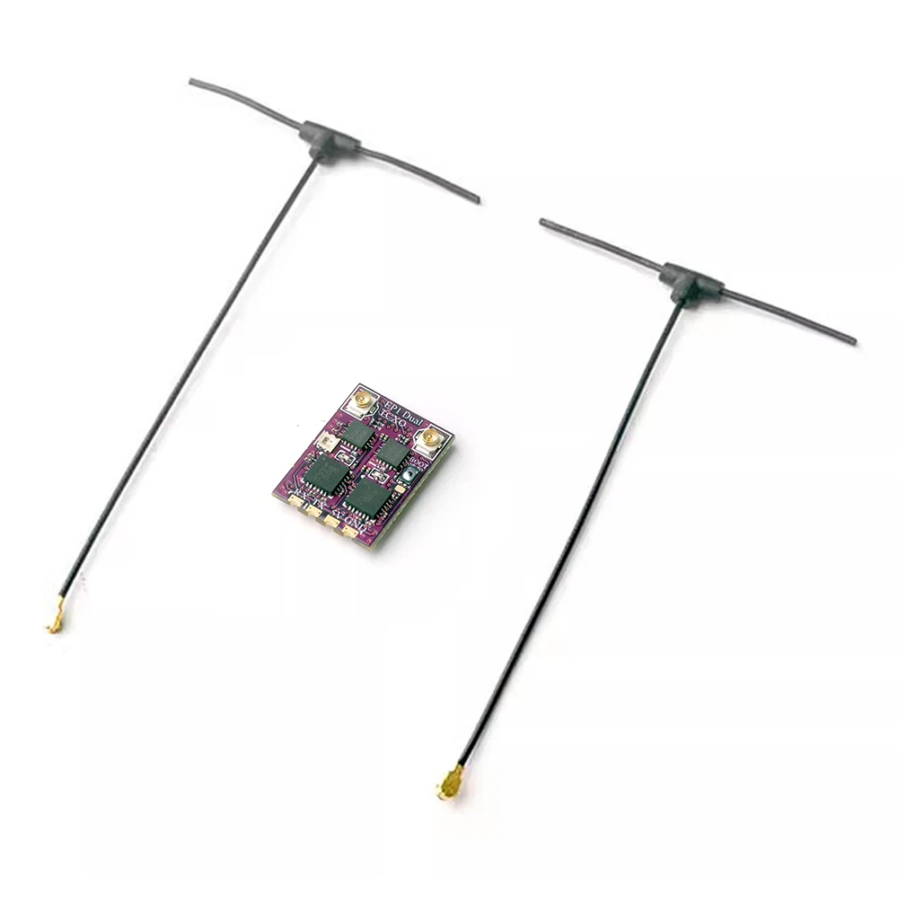 Vue rapprochée du HappyModel EP1 montrant les chips ELRS et les amplificateurs RF, récepteur True Diversity