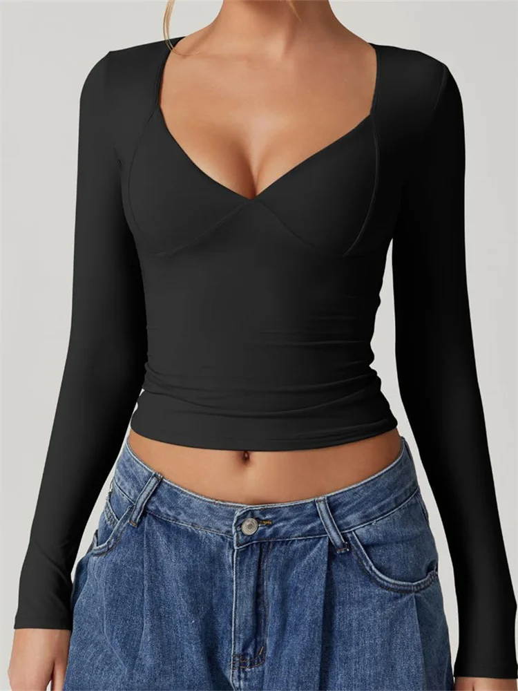 CHRONSTYLE Women V-neck Low Cut Solid Color T-Shirts Long Sleeve Slim Fit Round Neck Spring Fall Casual Tops Streetwear New