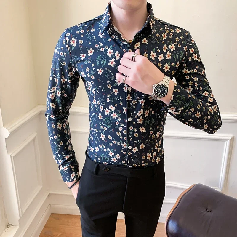 

Fashion Floral Shirt Men 2023 Spring New Long Sleeve Men's Social Shirts Casual Streetwear Slim Fit Night Club Prom Tuxedo 3XL