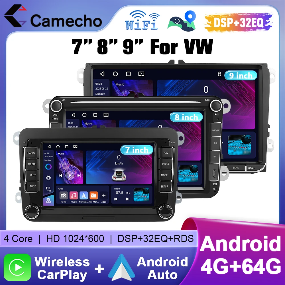 Camecho 4G RAM Radio de coche para VW Volkswagen Golf 5 6 Polo Passat B6 B7 Seat Skoda Jetta Carplay Android Auto reproductor Multimedia 1