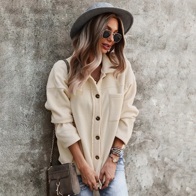 Autumn Winter Fleece Sweatshirts Women Lapel Long Sleeve Single Breasted Cardigan Warm Loose Casual Coats Solid Color Thick Tops