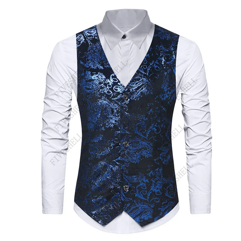 

2023 Blue Bronzing Paisley Vest Men Autumn New Sleeveless V Neck Waistcoat Men Business Casual Social Vests Gilet Homme Costume