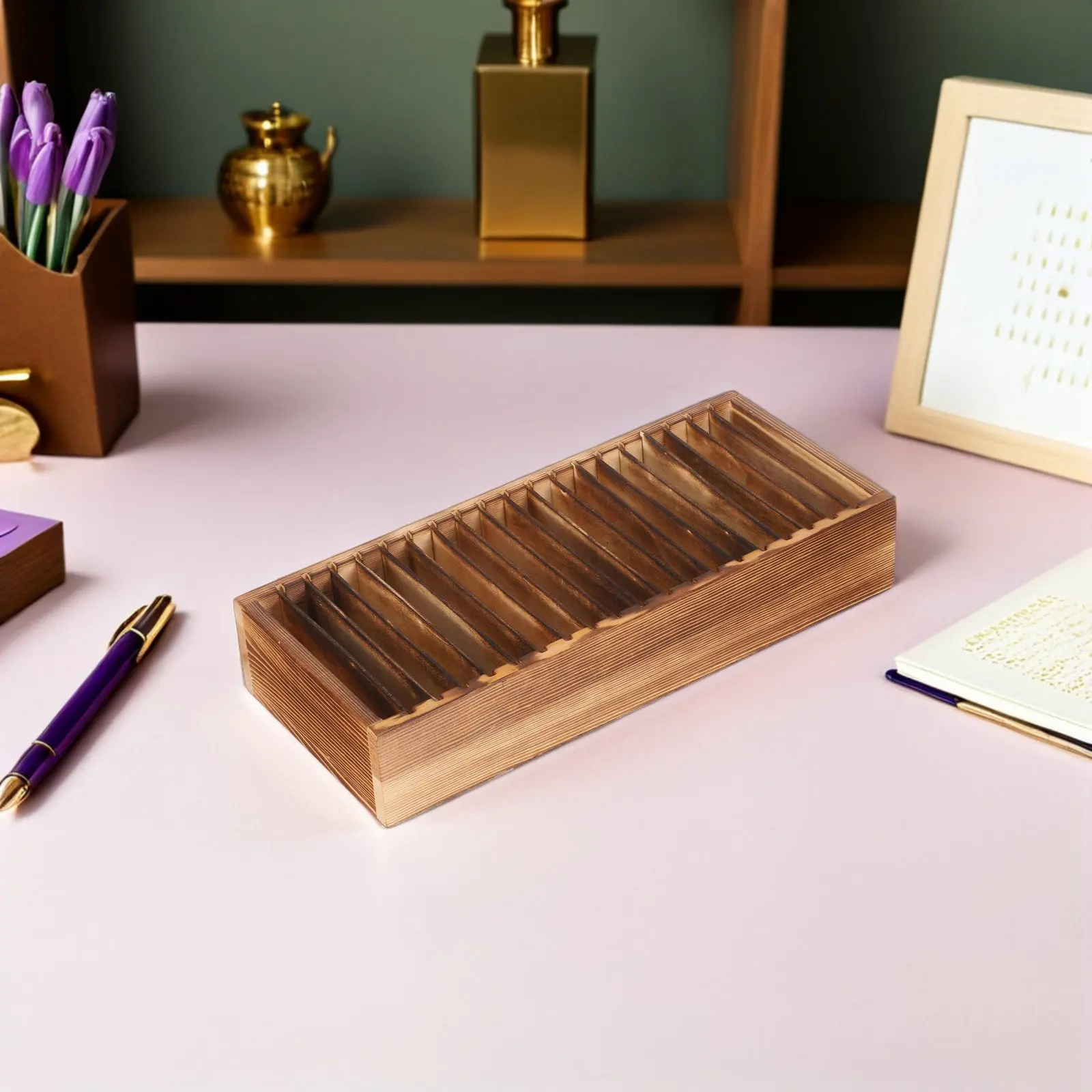 나무 명함 정리함 데스크탑 홀더(20개 분리형 칸막이 포함) 사무실용 원목 다기능 카드 정리함 박스