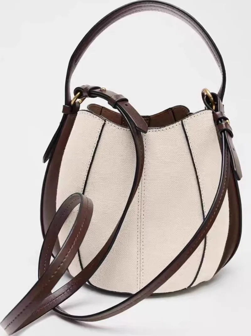 Fashion Panelled Canvas Bucket Bag Designer Women Handbags Luxury Pu Leather Shoulder Crossbody Bags with Wide Strap Tote Purses