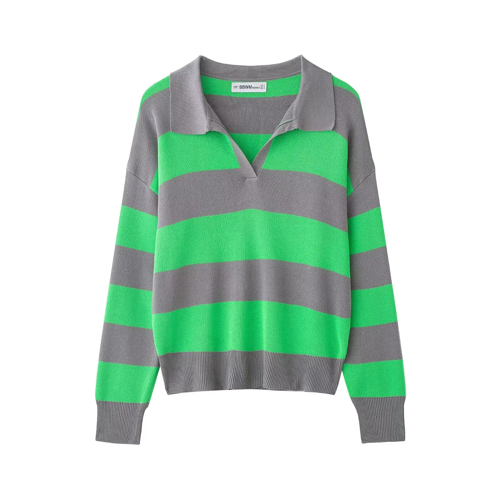 Women Striped Knitted Sweaters Lady Spring Autumn High Street Chic V-Collar Pullover Female Full Sleeve Vintage Style Polo Tops
