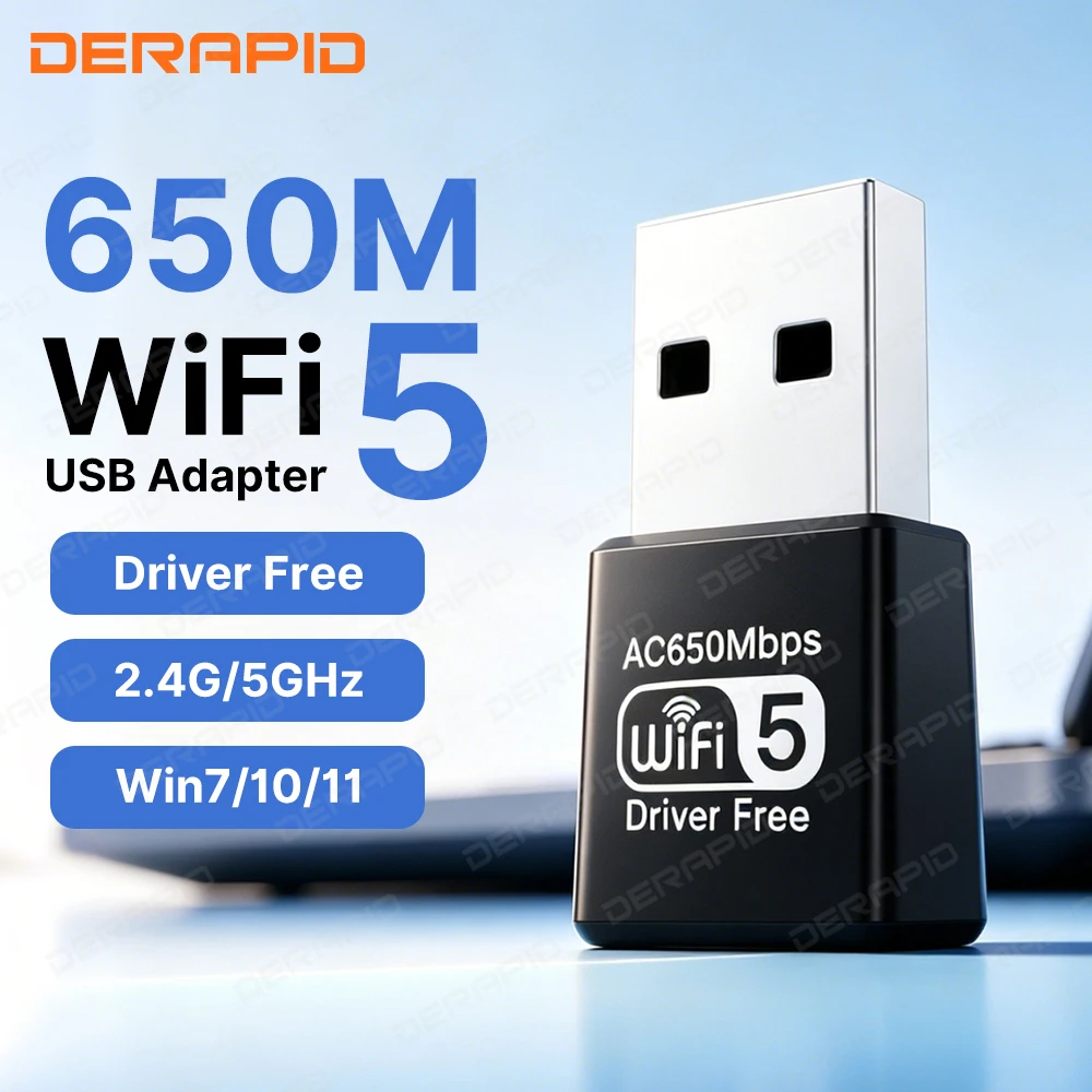 Dual-Band-WLAN-Adapter AC650, High-Gain-Dual-Antenne, kabelloser Netzwerk-USB-Adapter für PC und Laptop, kein Treiber für Windows 7/10/11 erforderlich