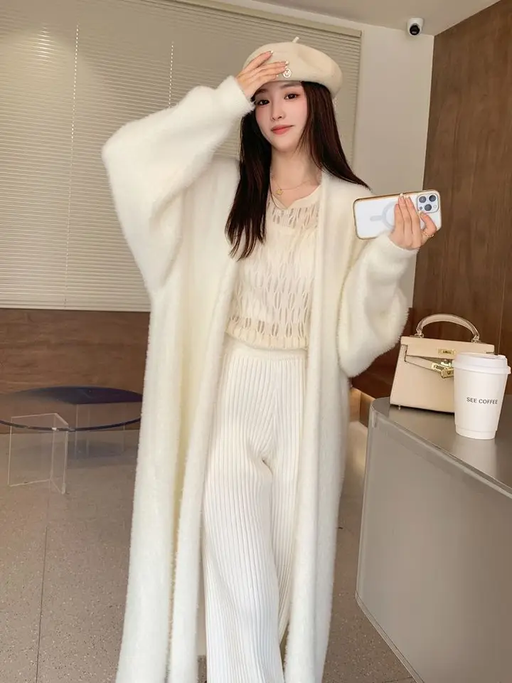 女性のための白いロングカーディガン,ふわふわの服,長袖,カシミアセーター,暖かいヴィンテージコート,韓国スタイル,冬の服,新しい,2022 女性のための白いロングカーディガン,ふわふわニット,長袖