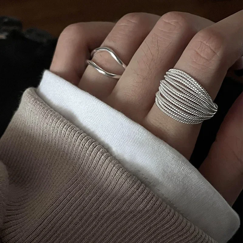

925 Sterling Silver Unique Multilayer Lines Rings for Women Girls Adjustable Fashion Korean Style Jewelry Birthday Party Gifts
