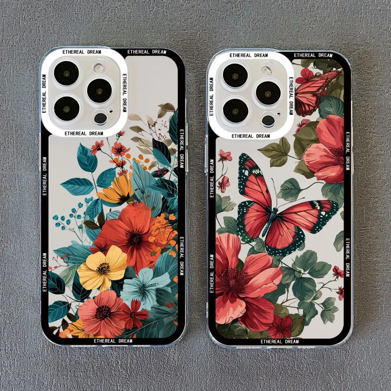 Transparente Handyhülle mit Vintage-Blumenmotiv für iPhone 12 11 13 Pro Max 15 14 Pro Max 7 8 14 15 Plus SE2 X XR XS Schmetterlings-Pflanzen-Rückseite