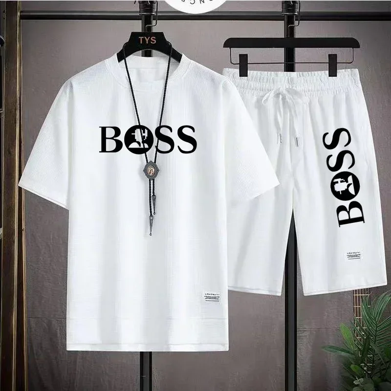 Fashion men's casual sports set new 2025 summer outdoor breathable round neck men short sleeve T-shirt + shorts two sets