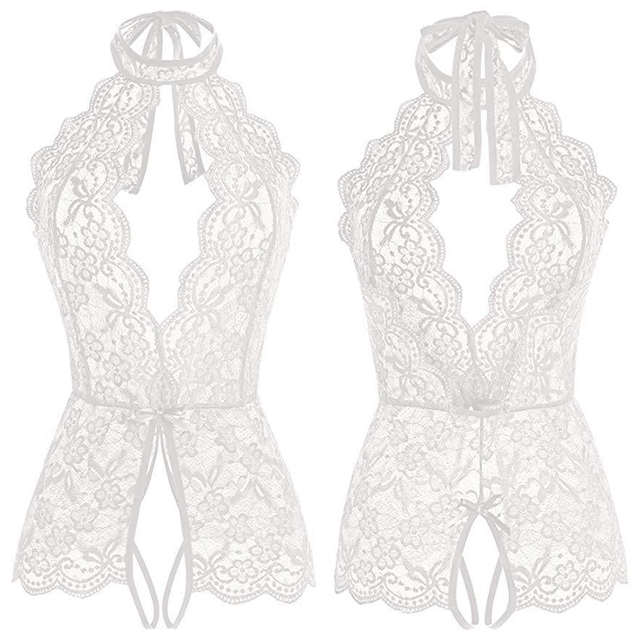 Sexy Open Crotch Lingerie For Women Lace See Through Teddy Bodysuit Erotic Costumes Female Deep V Underwear Baby Doll Dress