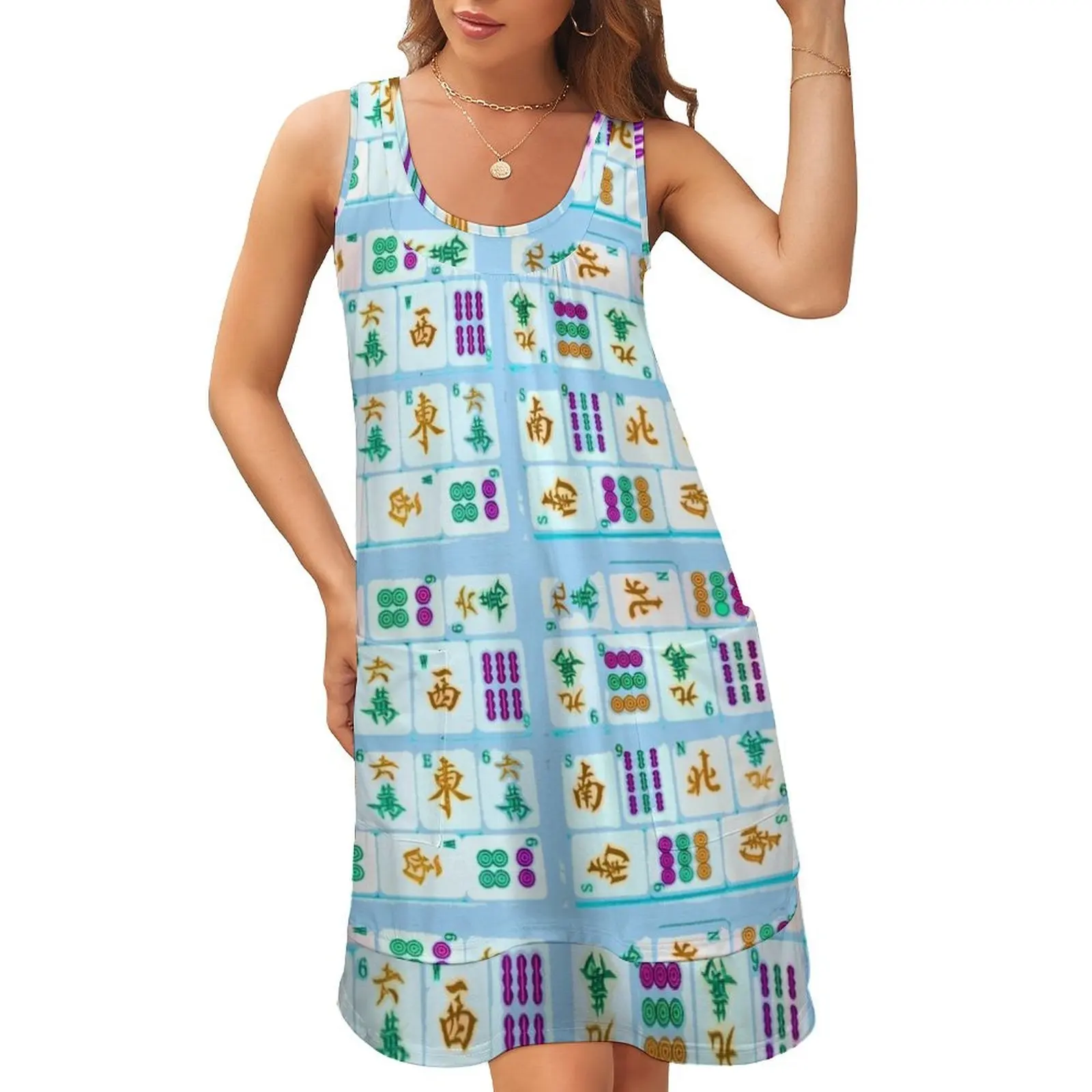 

TURQUOISE DRESS Sleeveless U-Neck Fake Two Piece Dress woman dress african dresses for woman