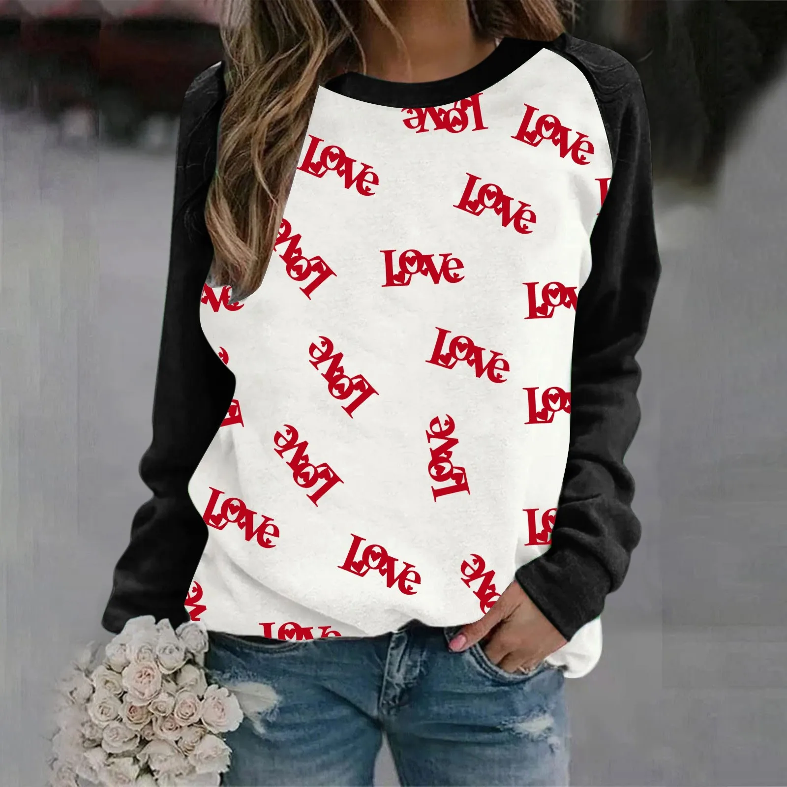 

Blouse Shirt Women's Love Letter Full Print Hatless Casual Crew Neck With Sleeve Hoodie Junior Girl Tops