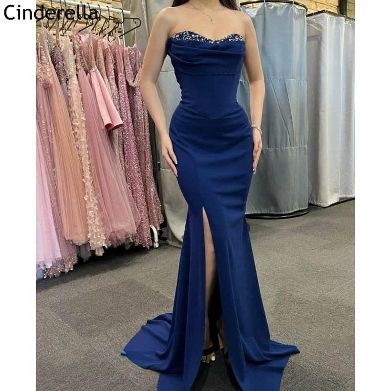 

Navy Blue Prom Dresses Crystal Mermaid Mate Mate Silk Satin With Lace Up Back vestidos de fiesta de noche 2024 Newest