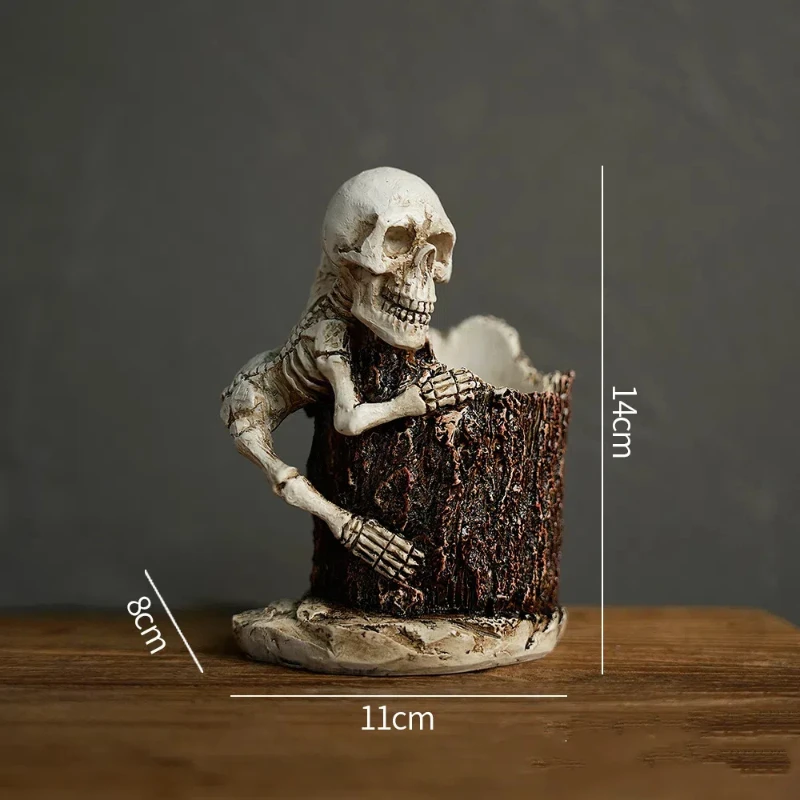 Skull Pen Container Versatile Holder Flower Display Halloween Themed Makeup Tool Organizer Stand Perfect Office Stationery Gift