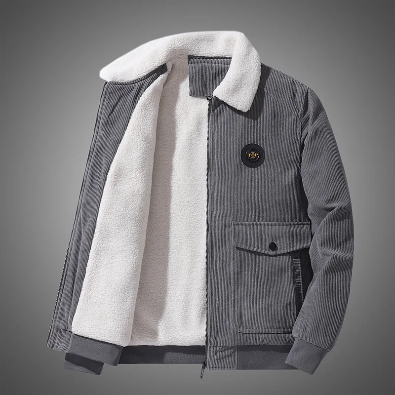 

Men's Corduroy Jacket Solid Color Plus Velvet Lamb Fleece Winter Dad's Casual Cotton Coat Middle-aged and Older Tops