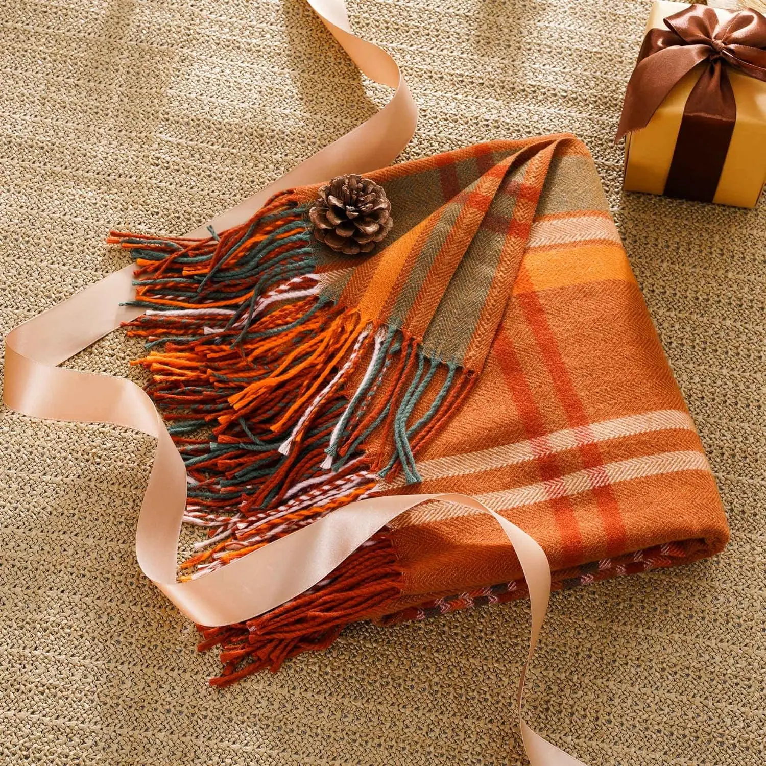 Orange Plaid Throw Blanket - Soft Lightweight Cashmere Blanket with Tassels for Bed and Sofa, Summer Home Decor - Image 4